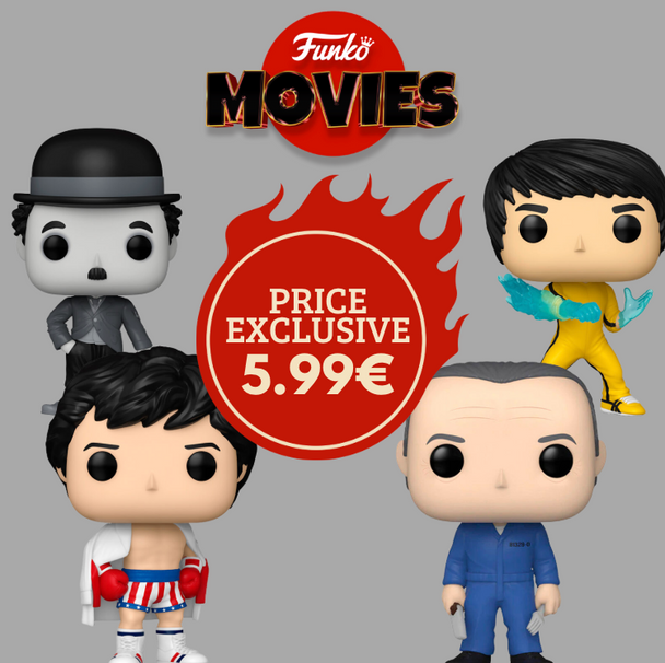 Pack Funko POP movies avec figurines de personnages emblématiques de films cultes, produit officiel FUNKO, présenté sur fond blanc.