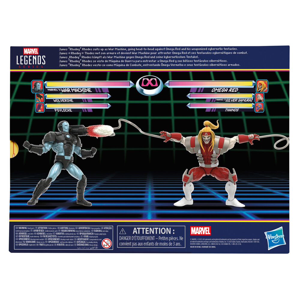 Blister contenant les deux figurines War Machine et Omega Red de 15cm avec leurs armes et mains alternatives.
