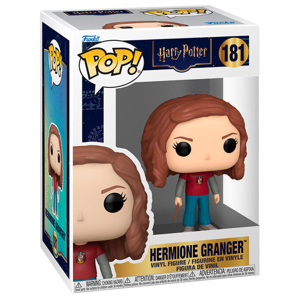 Figurine Funko POP Hermione Granger en vinyle avec sa baguette, posée dans sa boîte cadeau Harry Potter