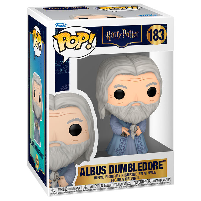 Figurine Funko POP d'Albus Dumbledore tenant son Horcruxe, présentée en boîte cadeau transparente.