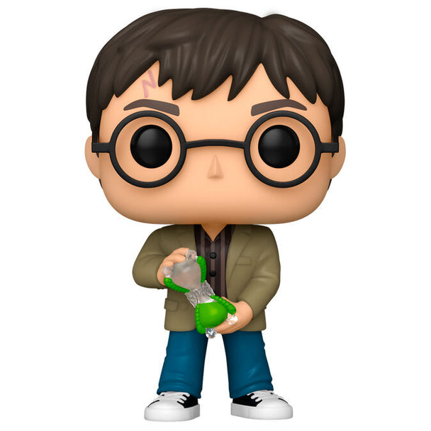 Vue rapprochée de la figurine Funko POP Harry Potter avec détails du sablier et packaging
