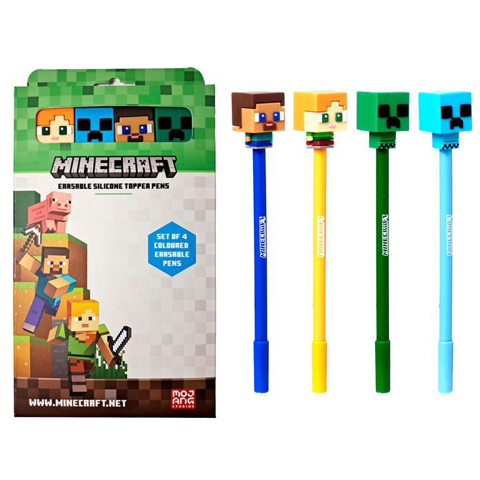 Set de 4 stylos effaçables colorés Minecraft de la marque PUCKATOR, présentés sur fond blanc.