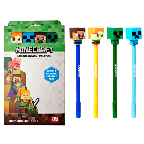 Set de 4 stylos effaçables colorés Minecraft de la marque PUCKATOR, présentés sur fond blanc.
