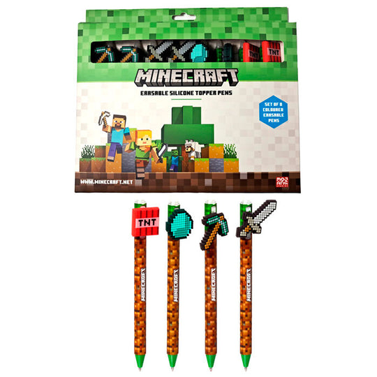 Set de 8 stylos effaçables colorés à thème Minecraft avec designs uniques sur chaque stylo, présenté sur fond blanc.