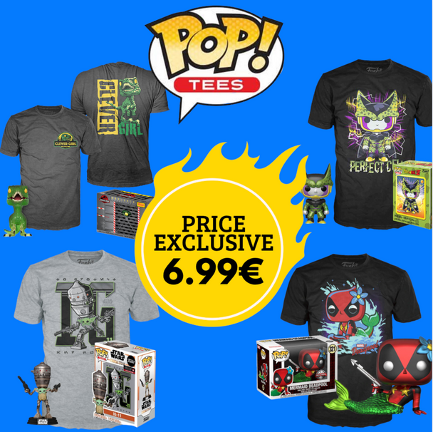 Pack Funko POP avec figurine et T-shirt collector officiel FUNKO, présenté sur fond blanc mettant en valeur les détails et le design unique du produit.