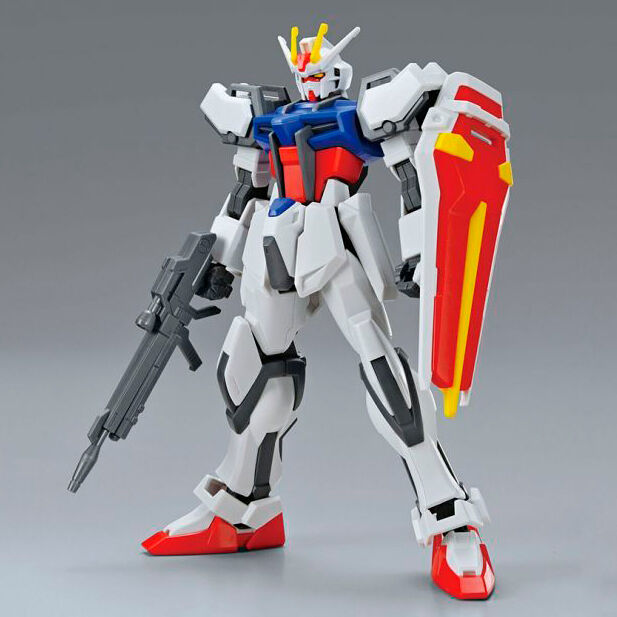 Vue latérale de la figurine Strike Gundam SEED avec ses Striker Packs attachés.