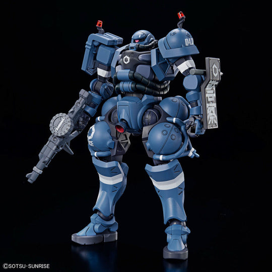 Profil gauche de la figurine Police Zaku GQuuuuuuX avec ses décalcomanies à base d'eau visibles