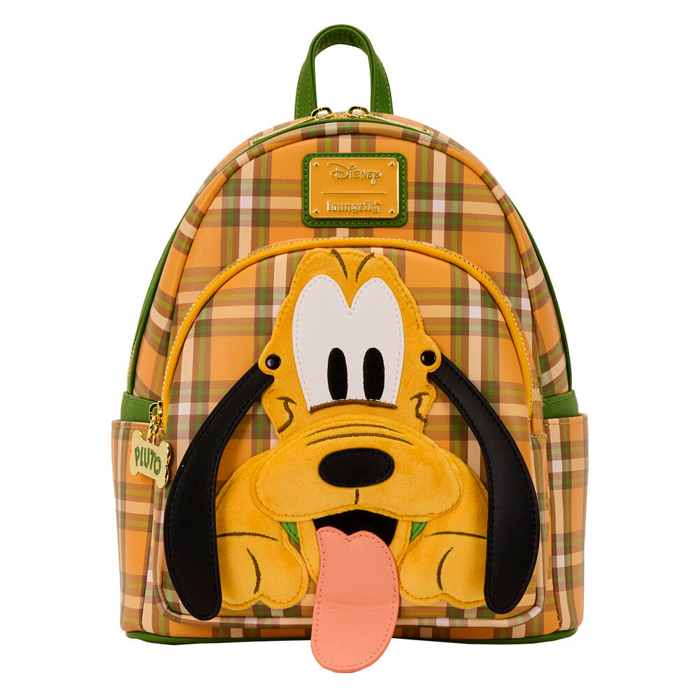 Vue avant du sac à dos Loungefly Disney Pluto 95e anniversaire avec design coloré et détaillé
