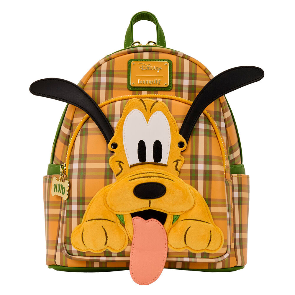 Zoom sur le logo Loungefly brodé sur la partie supérieure du sac à dos Pluto