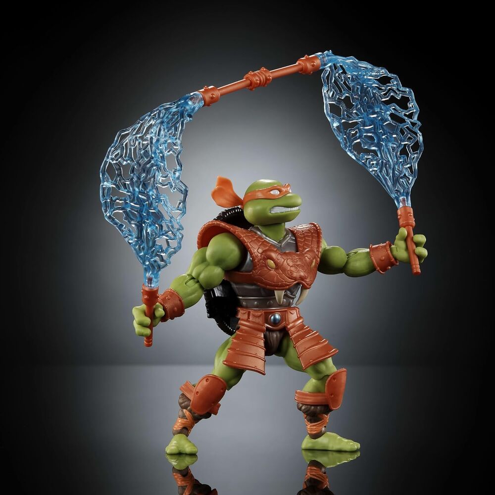 Michelangelo équipé de son harnais et carapace bouclier, prêt pour la Guerre des Reptiles dans Eternia.