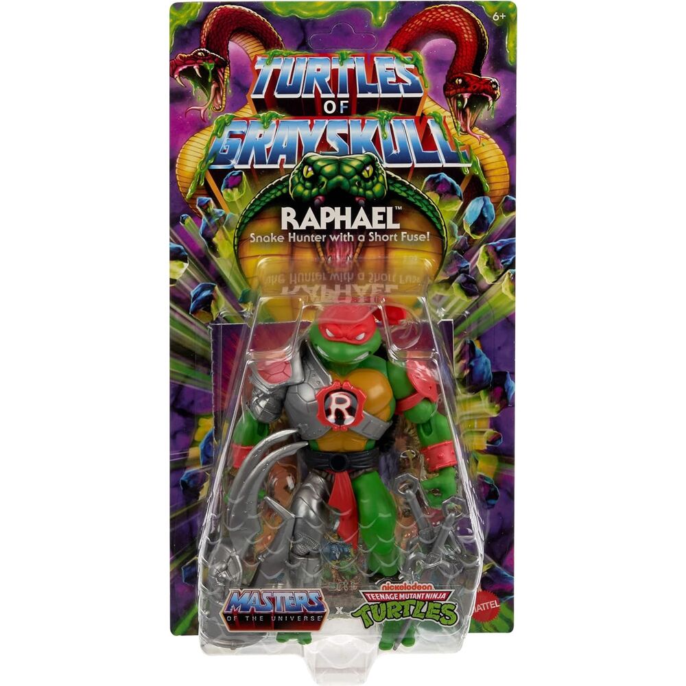 Accessoires inclus avec la figurine Raphael Turtles of Grayskull : gantelet, armure d'épaule, ceinture et mini-comics.