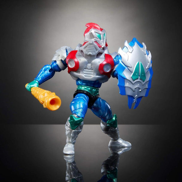 Vue rapprochée de la figurine Mekanek montrant les deux extensions de cou et le bouclier empoisonné
