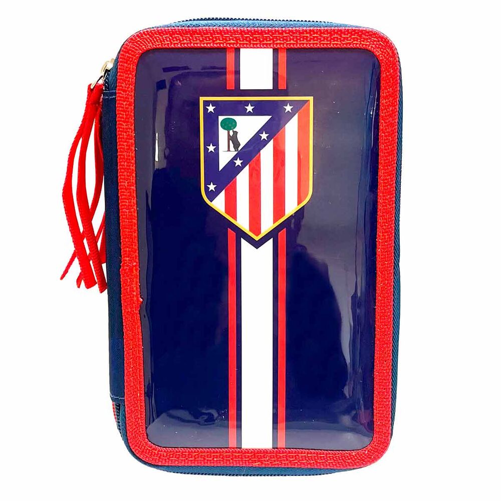 Trousse triple Atletico de Madrid ouverte montrant les 3 compartiments remplis de fournitures scolaires colorées