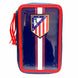 Trousse triple Atletico de Madrid ouverte montrant les 3 compartiments remplis de fournitures scolaires colorées