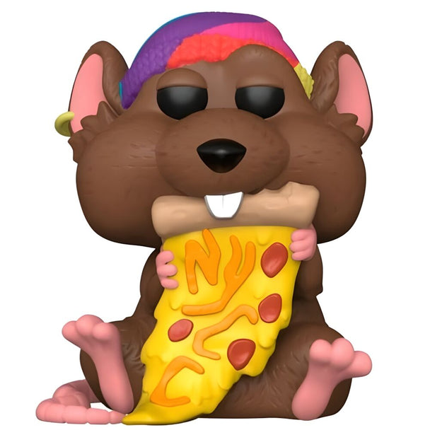 Vue rapprochée de la figurine Funko POP Pizza Rat exclusive New York Comic Con, détails colorés et finition soignée