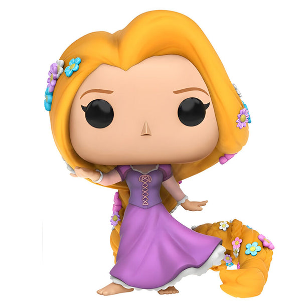 Vue rapprochée de la figurine POP Funko Rapunzel Disney avec ses détails colorés et sa boîte collector