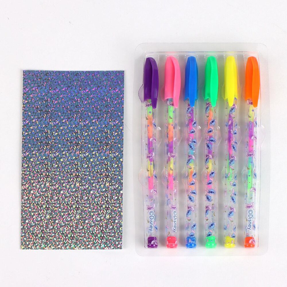 Stylos gel Disney Stitch CERDÁ disposés en éventail sur une surface claire