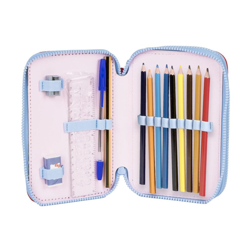 Gros plan sur le logo Hello Kitty imprimé sur la trousse double CERDÁ, mettant en valeur les détails du motif