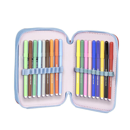 Image montrant l’ouverture des deux compartiments de la trousse Hello Kitty pour une organisation optimale