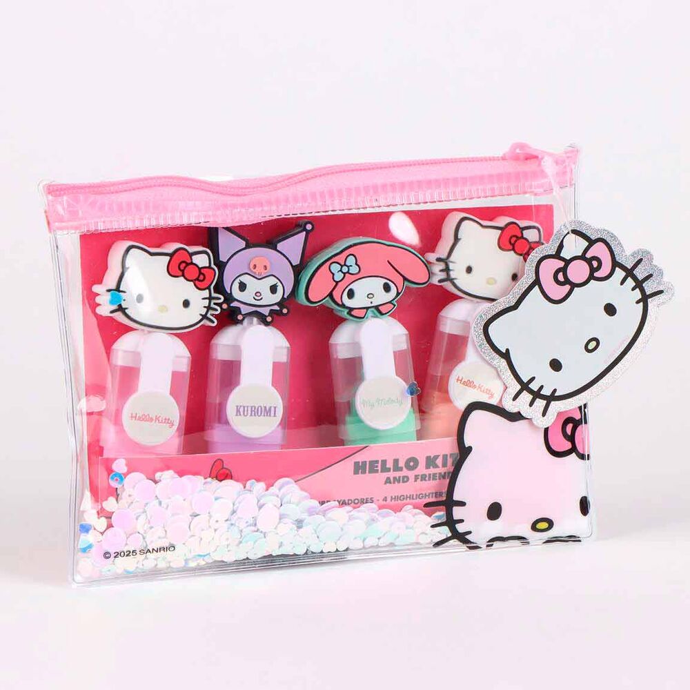 Set de 4 surligneurs Hello Kitty CERDÁ avec couleurs rose, jaune, vert et bleu