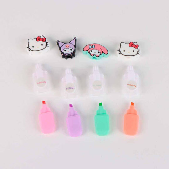 Zoom sur le design Hello Kitty imprimé sur chaque surligneur coloré