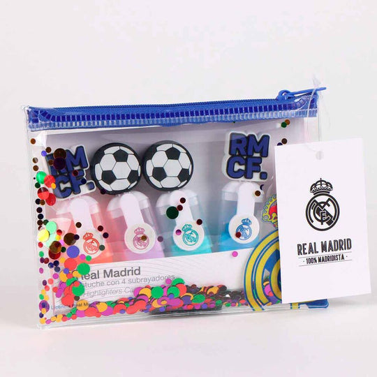 Set de 4 surligneurs Real Madrid CERDÁ avec couleurs vives alignés sur fond blanc