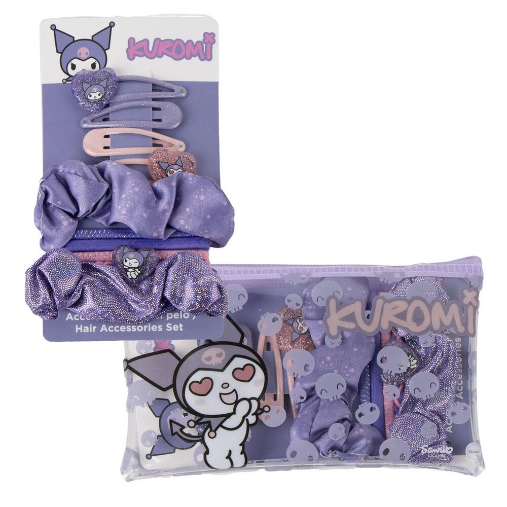 Set complet d'accessoires cheveux Hello Kitty et Kuromi CERDÁ présenté sur fond blanc