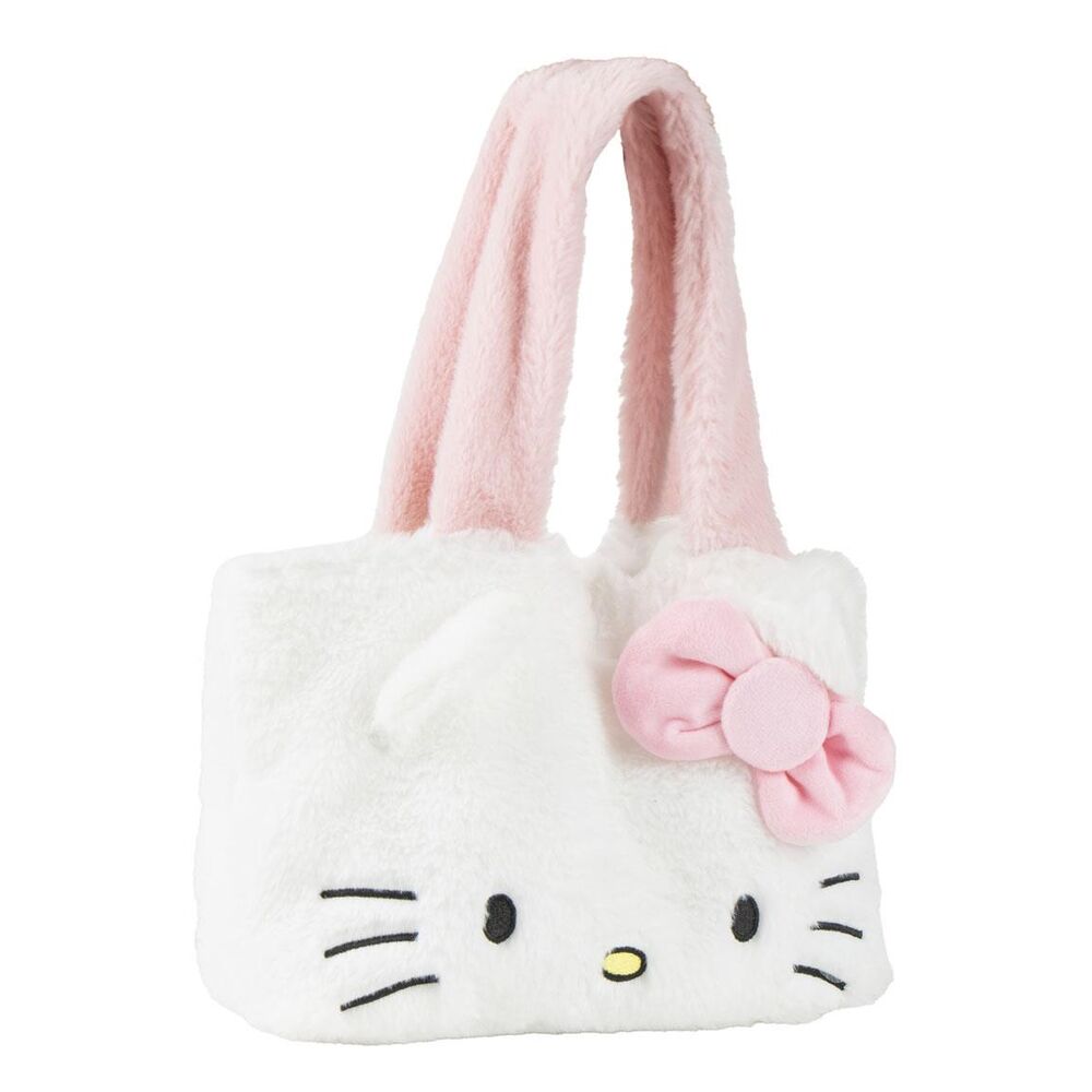 Sac shopping Hello Kitty en peluche de la marque CERDÁ, montrant le personnage souriant et le sac ouvert avec de la place pour les achats.