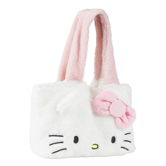 Sac shopping Hello Kitty en peluche de la marque CERDÁ, montrant le personnage souriant et le sac ouvert avec de la place pour les achats.