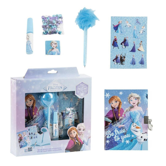 Présentation du set complet journal La Reine des Neiges avec accessoires assortis pour enfants fans de Disney