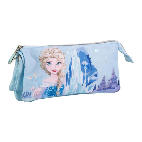 Trousse triple Disney Frozen CERDÁ vue de face avec motifs des personnages d'Arendelle sur fond bleu clair