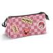 Trousse Minnie posée sur un bureau avec fournitures scolaires, illustrant son usage pratique