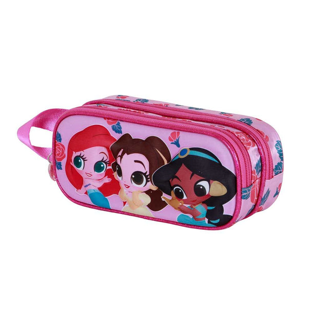 Zoom sur la fermeture éclair robuste et la doublure intérieure de la trousse Disney Princess Flowers 3D double compartiment