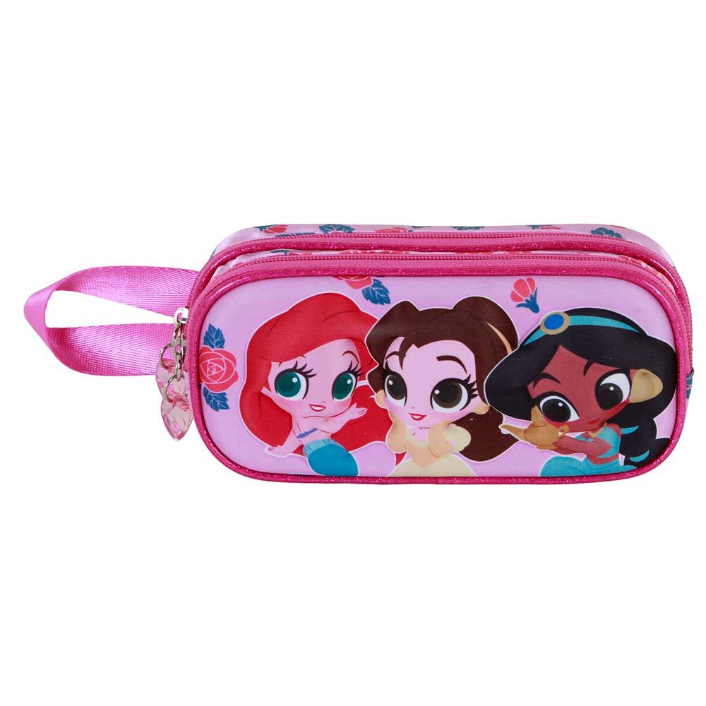 Trousse double Disney Princess Flowers avec design 3D en relief, vue de face montrant les deux compartiments fermés par zip