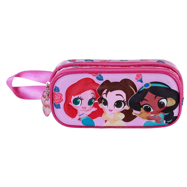 Trousse double Disney Princess Flowers avec design 3D en relief, vue de face montrant les deux compartiments fermés par zip
