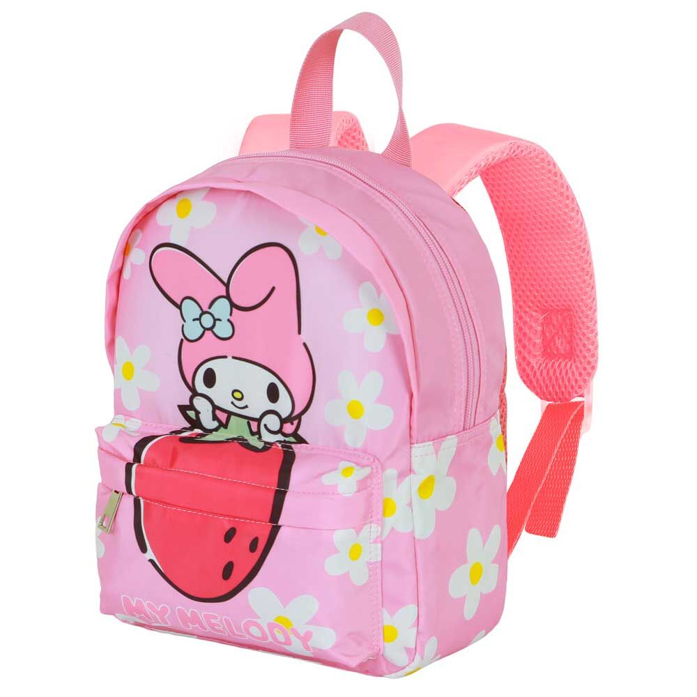 Détail du logo My Melody sur le sac à dos enfant 27 cm avec design rose et motifs attrayants