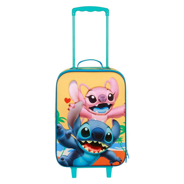 Valise trolley enfant Disney Stitch 3D vue de face avec motif embossé bleu