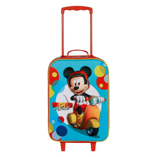 Profil latéral de la valise trolley Disney Mickey montrant les deux roues robustes pour faciliter le transport
