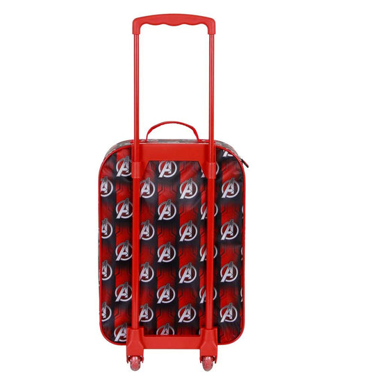 Profil latéral de la valise Marvel Avengers montrant les deux roues robustes et la poignée ajustable