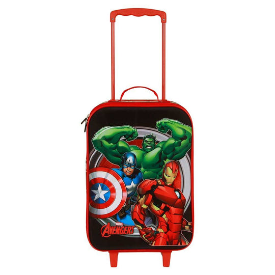 Zoom sur le design 3D en relief des personnages Avengers sur la face avant de la valise