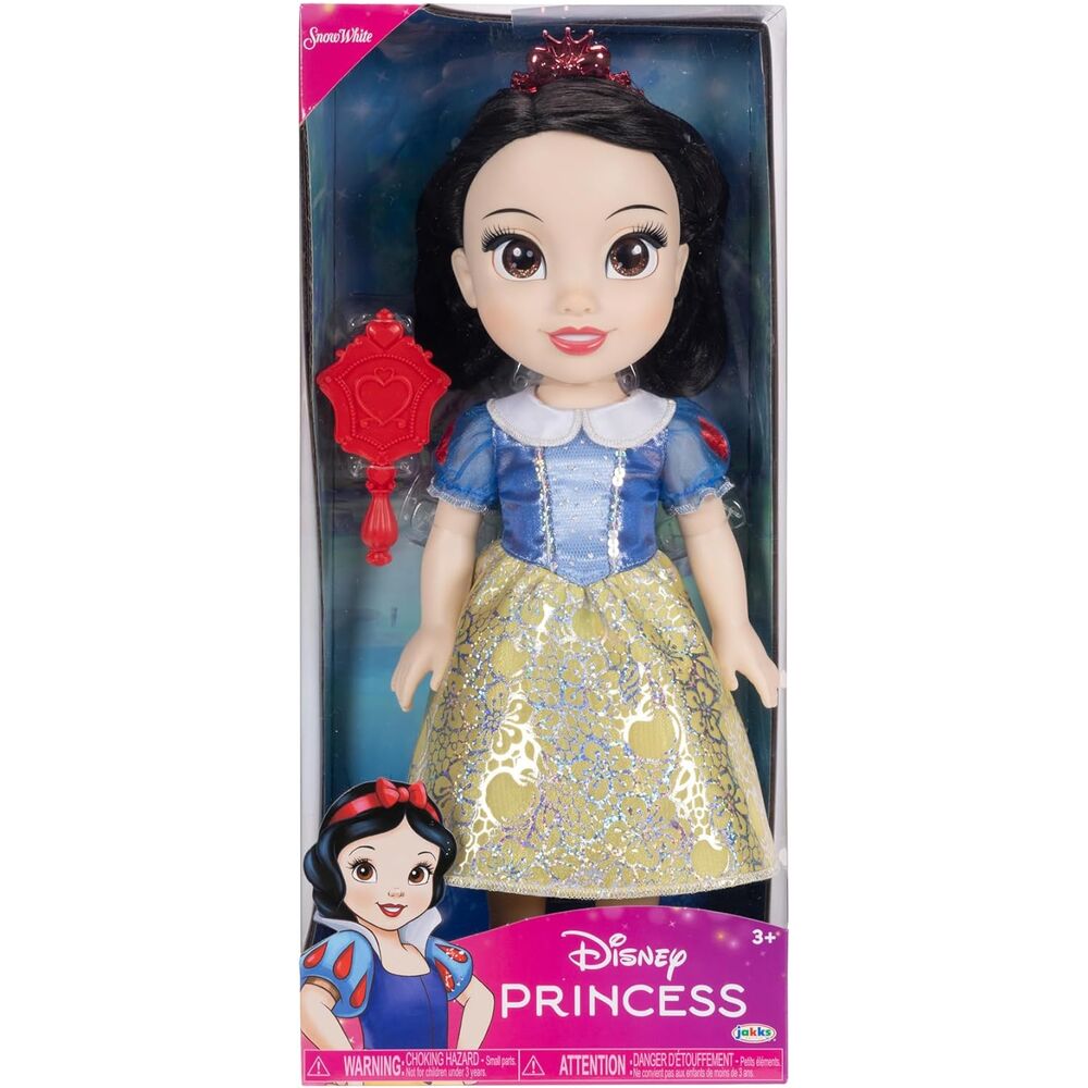 Poupée Blanche-Neige Disney avec robe bleue et jaune, posée sur fond blanc