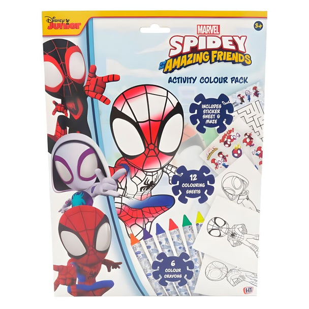 Page intérieure du livre montrant un dessin à colorier de Spiderman suspendu entre les bâtiments