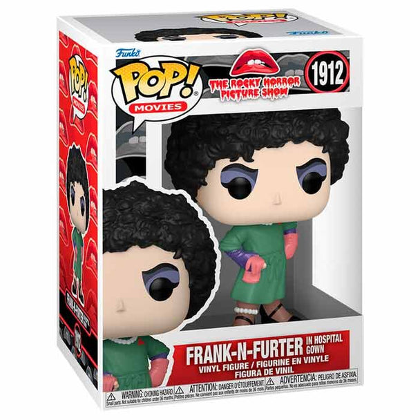 Vue rapprochée de la figurine Funko POP Frank-N-Furter en robe d'hôpital montrant les finitions soignées du vinyle.