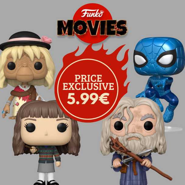Pack de figurines Funko POP Movies représentant des personnages emblématiques du cinéma, avec un design détaillé et coloré.