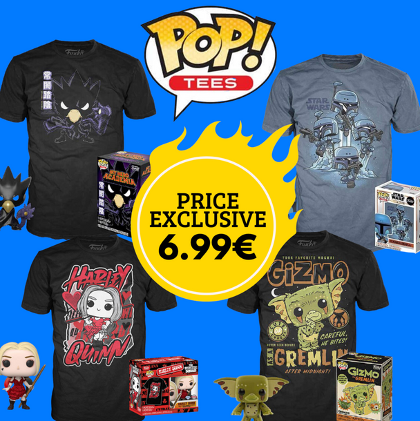 Pack Funko POP & Tee comprenant une figurine collector FUNKO et un T-shirt à l'effigie de la marque, présenté sur fond blanc.