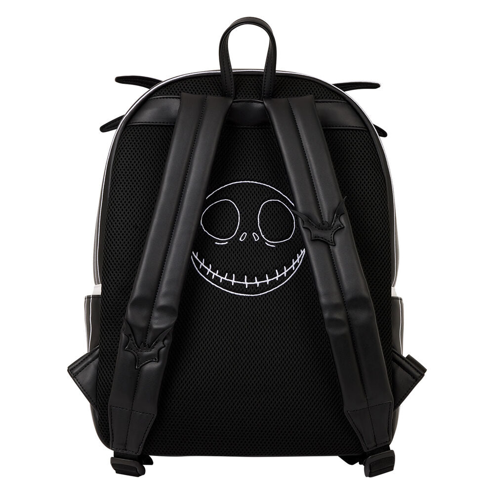 Profil latéral du sac à dos Disney Nightmare Before Christmas montrant la fermeture éclair et la texture