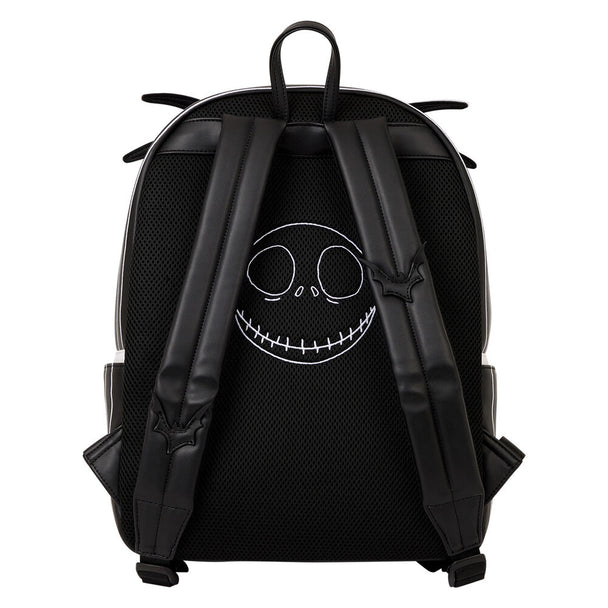 Profil latéral du sac à dos Disney Nightmare Before Christmas montrant la fermeture éclair et la texture