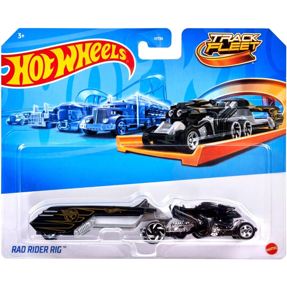 Vue rapprochée du camion transporteur Hot Wheels montrant les détails réalistes et la finition métallique