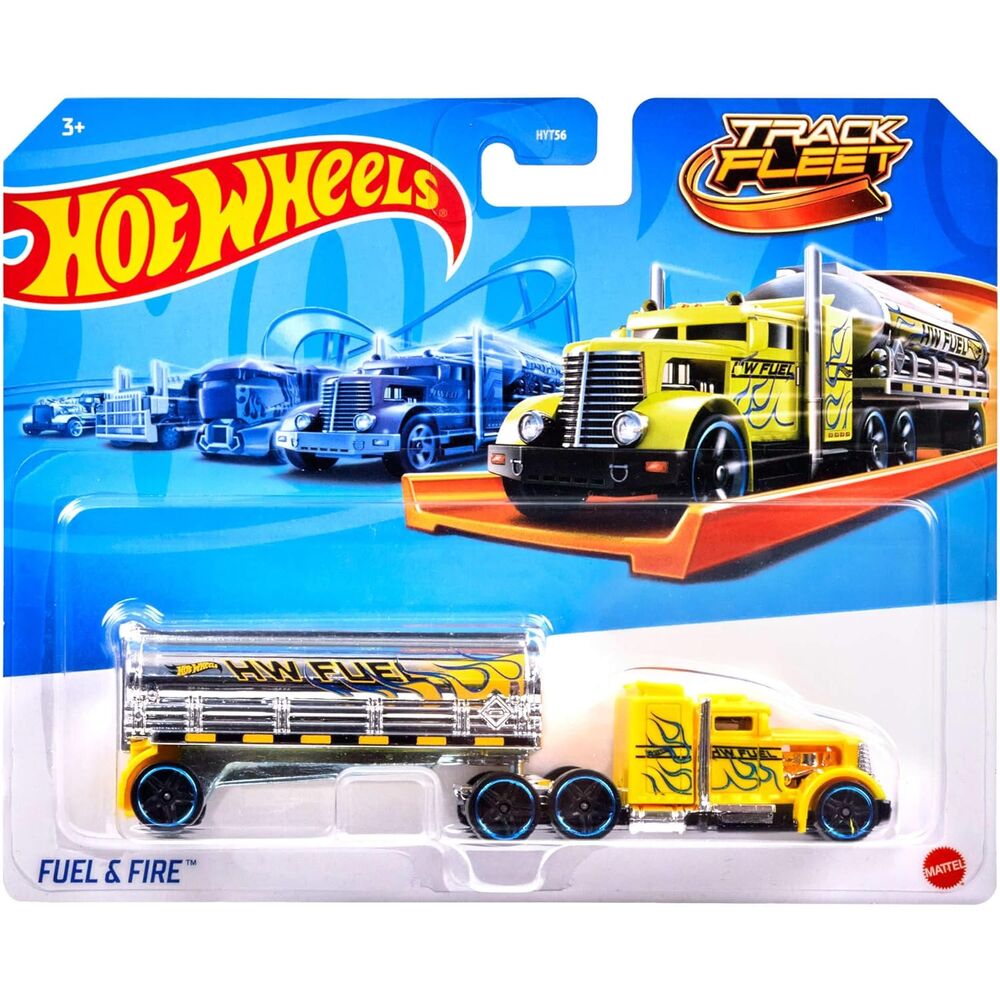Camion Hot Wheels avec remorque en métal sur une piste Hot Wheels, prêt pour la course