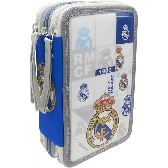 Intérieur de la trousse Real Madrid montrant les 3 compartiments et 39 pièces colorées bien rangées